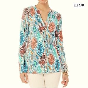 Lilly Pulitzer Odette Blue Multi Minnow Print Tunic Top. Size Medium.